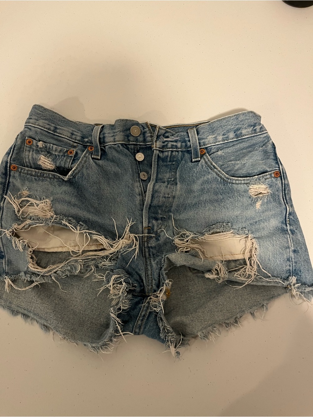 Levi's Light Blue Distressed Cutoff Denim Shorts Button up